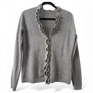 Garnet Hill 100% Cashmere Ruffle Cardigan Gray Button Front V-Neck Size Small